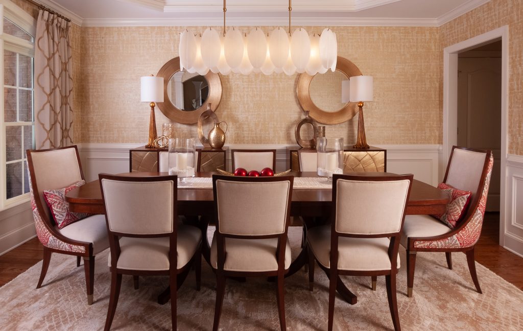 Formal dining room with gold accents
